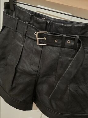 Topshop Black High-Waist Faux Leather Belted Shorts